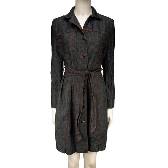 HOLT RENFREW Vtg Y2K Long Denim Gray Jeans Jacket button-down Tie Waist sz 2 - Picture 3 of 16